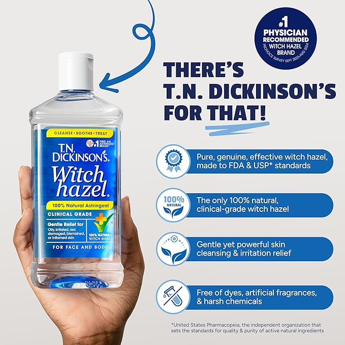 T.N. Dickinson's Witch Hazel 100% Natural Astringent | Pure Witch Hazel | Fragrance Free | Cleanses & Soothes Skin | For Face & Body | Clinical Grade | 8 Fl Oz