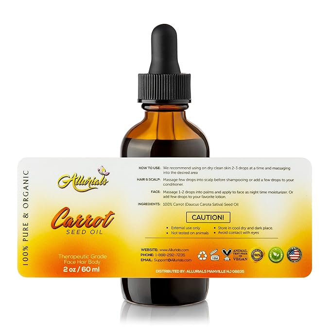 Allurials Carrot Seed Oil (2 Oz) – 100% Pure & Organic, Unrefined, Cold Pressed, All Natural, Daucus Carota- Essential Carrot Moisturizer for Skin, Face and Hair Growth - 2 Oz
