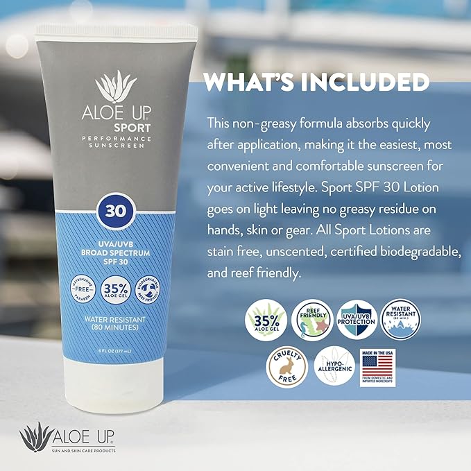 Aloe Up Sport Sunscreen Body Lotion SPF 30 – Broad Spectrum Sunblock with Hydrating Aloe Vera Gel – Non Greasy, No White Cast, Reef Friendly, Fragrance Free –