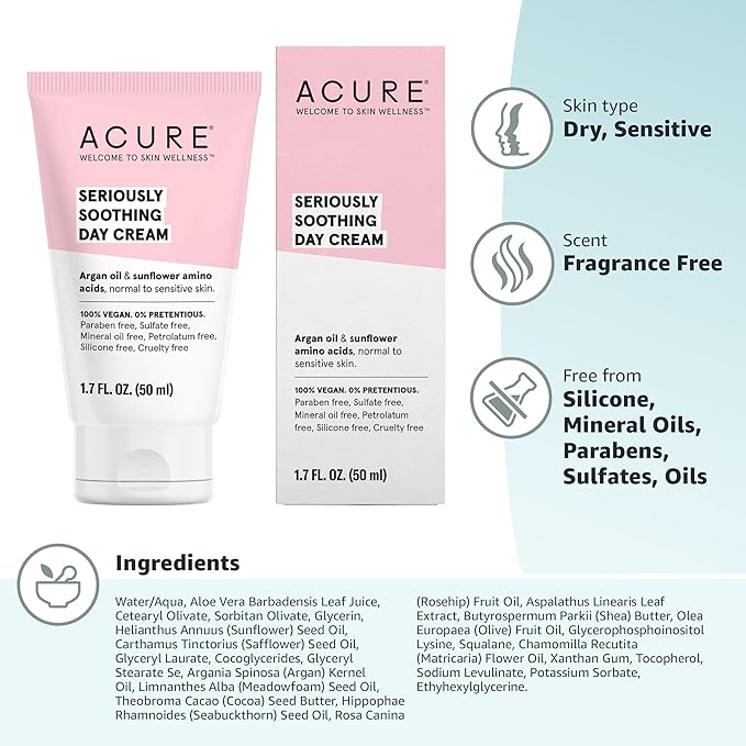 Acure Soothing Day Cream - Moisturizer for Dry Sensitive Skin, Hydrating & Soothing Facial Lotion with Argan Oil, Chamomile & Sunflower Amino Acids, Vegan & Cruelty Free Skincare - 1.7 fl oz