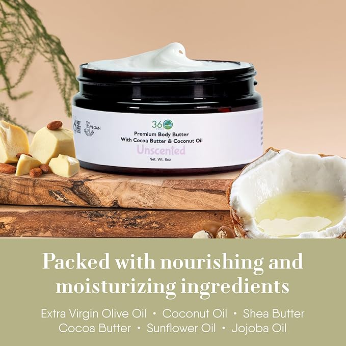 360Feel Unscented Body Butter - Nourishing and Hydrating Body Butter with a Gentle Unscented Formula - Handmade with Essential Oils - Creamy Formula for Daily Use - Zero Harsh Additives - 8 Ounce