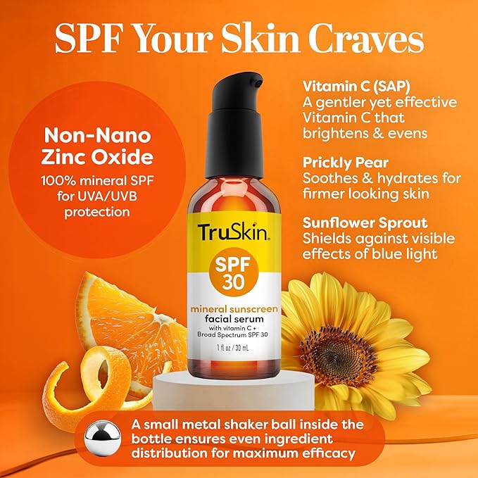 TruSkin Sunscreen Serum for Face - SPF 30 Universal Tinted Mineral Sunscreen Face Serum with Zinc Oxide - Sheer, Lightweight Finish with Vitamin C, Hyaluronic Acid, Ceramides & Niacinamide, 1 fl oz