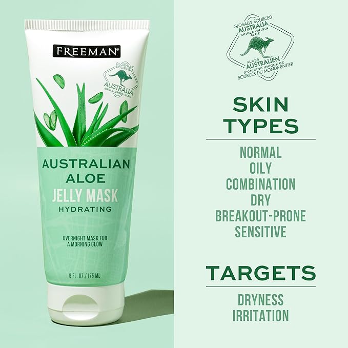 Freeman Exotic Blends Australian Aloe Jelly Mask, Leave-On Overnight Facial Mask, Calm, Soothe Irritation, & Hydrate Dry Skin, Clean Skincare, For All Skin Types, 6 fl. oz./175 ml. Tube