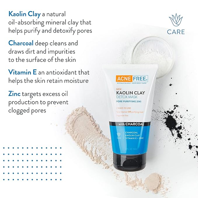 Acne Free Kaolin Clay Detox Mask 5oz with Charcoal, Kaolin Clay, Vitamin E + Zinc, Cleanser or Mask for Oily Skin, To Deeply Clean Pores and Refine Skin