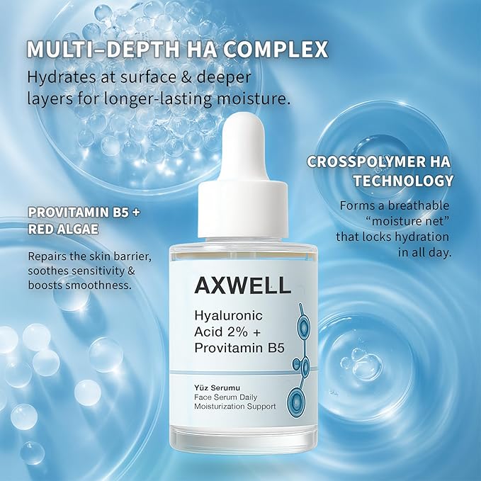 Axwell 2% Pure Hyaluronic Acid Serum for Face with Vitamin B5 – Deep Hydration, Plumping, Anti-Aging Skin Serum for Women & Men, Fragrance Free, 1.01 fl oz