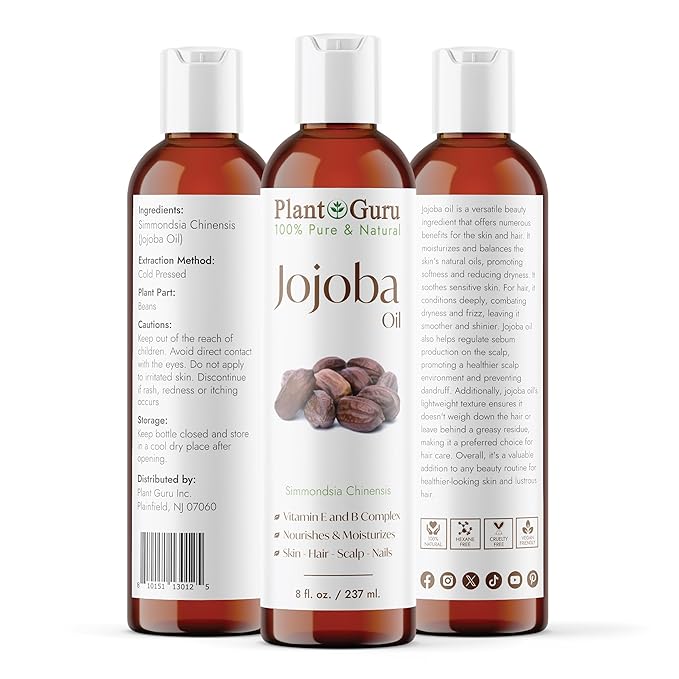 Plant Guru Jojoba Oil 8 fl. oz. Cold Pressed Unrefined - 100% Pure Natural Moisturizer For Skin, Body, Face And Hair Growth. Deeply Hydrating Carrier Oil For DIY Soap Making and Massage
