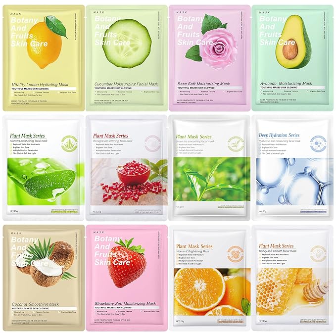 12 Pack Face Masks Skincare Sheet Face Masks for Teens Girls Women, Hydrating Face Mask, Face Mask Set Easter Basket Stuffers for Teens Girls Kids, Pamper Gifts for Women, Perfect for Sleepovers