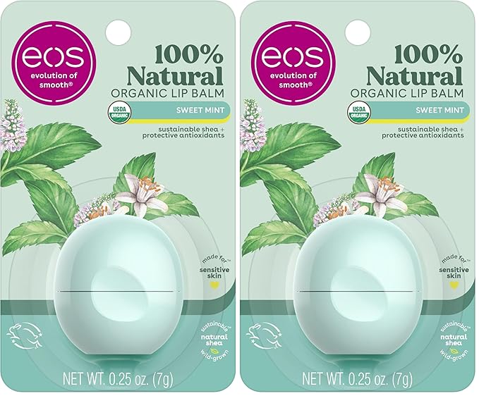 eos 100% Natural & Organic Lip Balm - Sweet Mint, All-Day Moisture, Dermatologist Recommended for Sensitive Skin Care, Lip Care Products, 0.25 oz (Pack of 2)