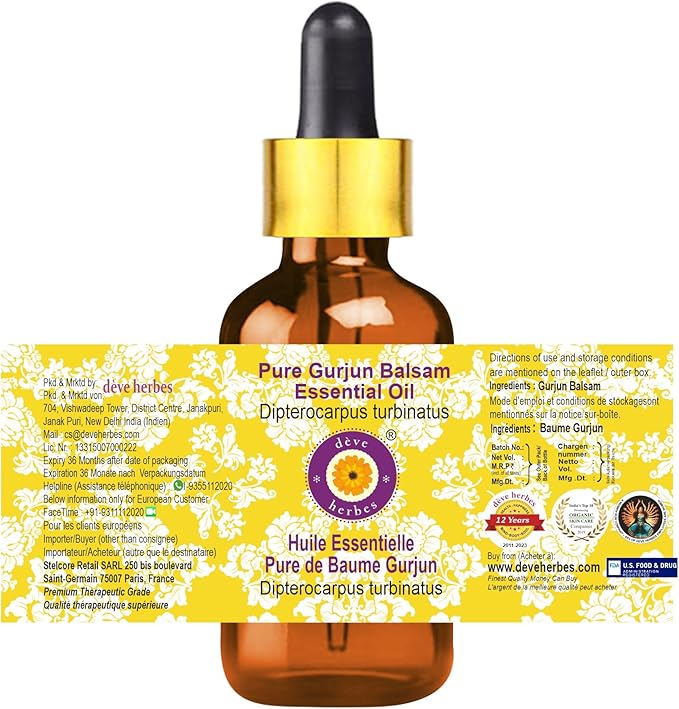 dève herbes Gurjun Balsam Essential Oil (Dipterocarpus turbinatus) with Glass Dropper | Pure | Non-Sticky | Non-Greasy | Lightweight | Men & Women | All Skin Types | Steam Distilled 30ml (1 oz)