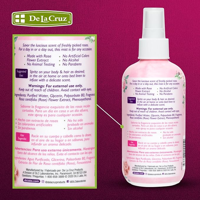 De La Cruz Pure Rose Water Body Mist,Rosewater Spray for Face, Skin & Hair, Rose Toner & Rose Water for Hair Alcohol Free, Paraben Free 8 fl oz (3 Bottles)