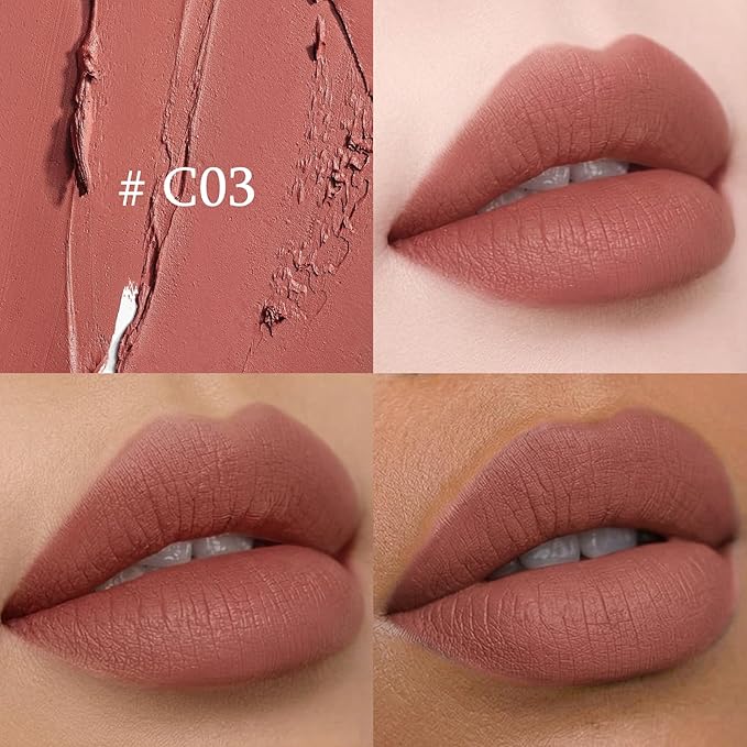 Matte Lipstick Lip Crayon, Rose Pink Long Lasting Lip Stick, Waterproof Velvet Lip Liner Pencil for Women, 24 Hour Neutral Lipstick, C03