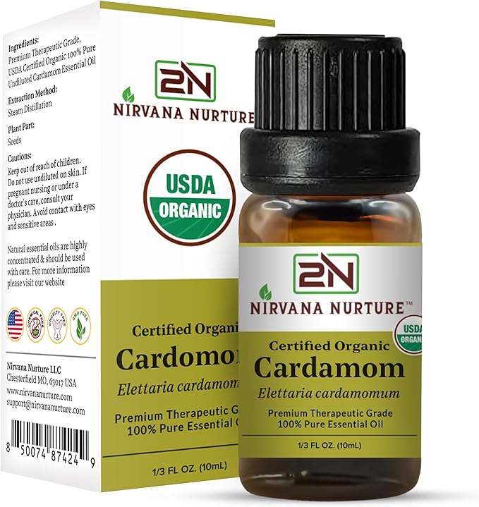 Cardamom Essential Oil, USDA Certified Organic, 100% Pure Undiluted, Aromatherapy Oil for Diffuser, Hair & Skin Care