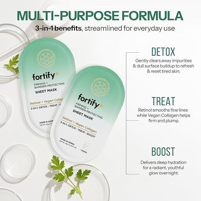 Fortify Skincare Face Mask with Retinol and Collagen - Dermatologist Tested, Anti Aging - Firming & Barrier Protecting - 3-in-1: Detox - Treat- Boost - Clean Beauty, Korean Skin Care, 10 Sheet Masks