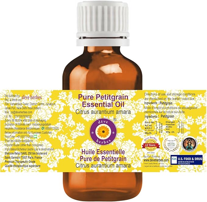 Deve Herbes Pure Petitgrain Essential Oil (Citrus aurantium Amara) Steam Distilled 100ml (3.38 oz)