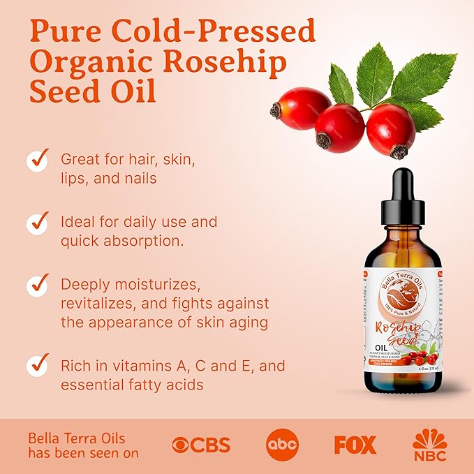 Bella Terra Oils Pure Rosehip Seed Oil for Glowing Skin and Shiny Hair – 1gallon, Rejuvenating, Moisturizing, Non-Greasy, Rich in Antioxidants