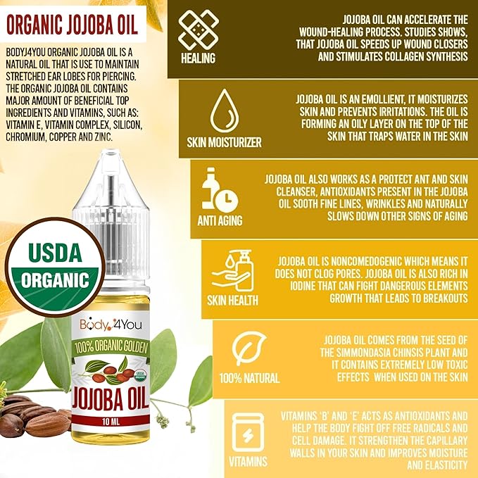 BodyJ4You Organic Jojoba Oil Piercing Aftercare - USDA 100% Pure Cold Pressed Ear Stretching Oil - Gauge Care Nose Septum Cartilage Tragus Navel - Natural Skin Recovery Moisturizer Vegan - 0.33 Fl Oz