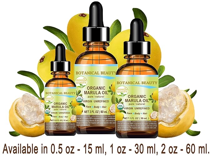 Botanical Beauty Organic MARULA OIL WILD GROWTH 100% Pure Natural Virgin, Unrefined Cold-Pressed Moisturizer for FACE, DRY SKIN, BODY, DAMAGED HAIR, NAILS, Anti-Aging (0.5 Fl Oz)
