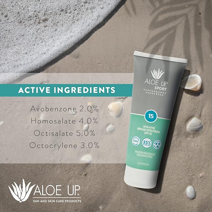 Aloe Up Sport Sunscreen Body Lotion SPF 15 - Broad Spectrum Sunblock With Hydrating Aloe Vera Gel - Non-Greasy,skin sun protection No White Cast - Reef Friendly sunscreen- Fragrance-Free - 6 Oz