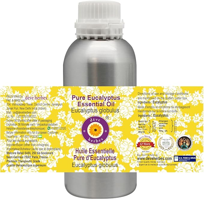 Deve Herbes Pure Eucalyptus Essential Oil (Eucalyptus globulus) Steam Distilled 630ml (21 oz)