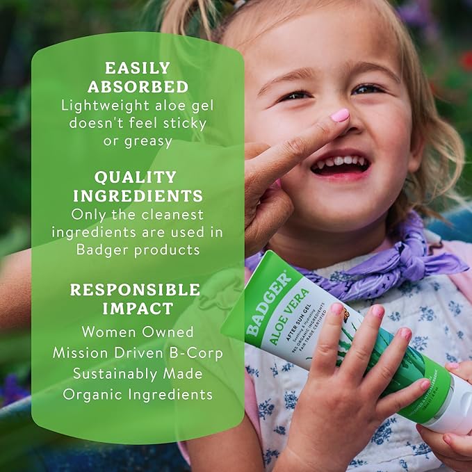 Badger Organic Aloe Vera Gel for Face & Body, 96% Pure Unscented Organic Aloe Gel for Cooling, Soothing, Non-Sticky Sunburn Relief, Vegan, Fair Trade & Hypoallergenic, 4 fl oz