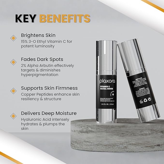 Vitamin C Brightening Serum – Anti Aging Face Serum with 15% 3-O-Ethyl Ascorbic Acid + 2% Arbutin + Peptide Complex & HA, 30 mL / 1.01 fl oz