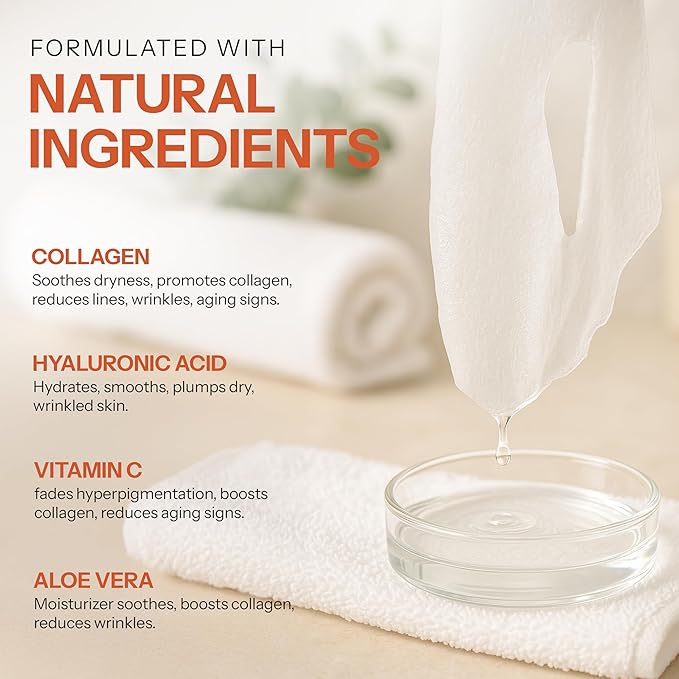 Skin 2.0 Vitamin C & Collagen Sheet Mask - Anti-Aging, Wrinkle & Age Spot Reducer, Hydrating & Moisturizing - Dermatologist Tested Korean Skincare, Clean Beauty, Cruelty-Free, All Skin Types - 5 Masks
