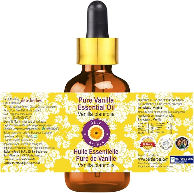 Deve Herbes Pure Vanilla Essential Oil (Vanilla planifolia) with Glass Dropper Steam Distilled 100ml (3.38 oz)