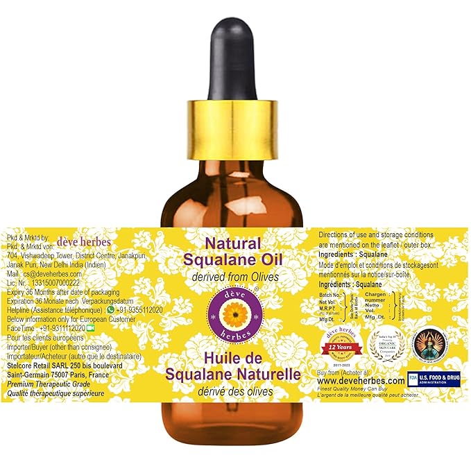 dève herbes Natural Squalane Oil (derived from Olives) with Glass Dropper 100ml (3.38 oz)