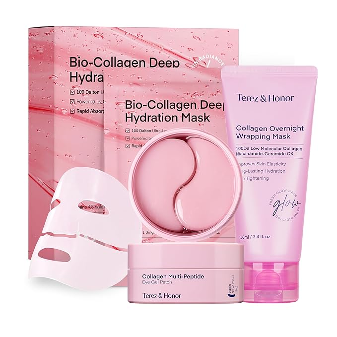 TEREZ & HONOR Korean Collagen Mask Set - 3-Piece Bundle with 4ea Bio-Collagen Face Masks, 100 ml Night Wrapping Peel-Off Mask & 60 pcs Eye Patches for Deep Hydrating, Firming & Glass Like Glow