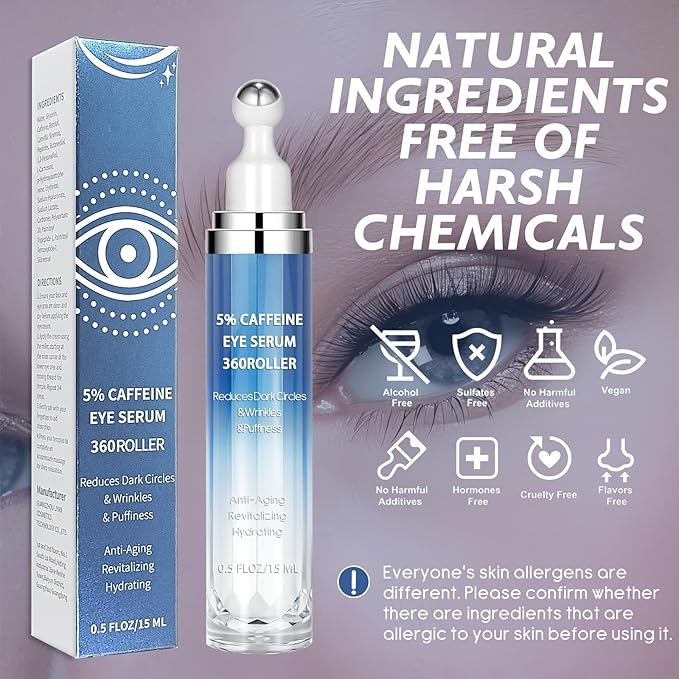 5% Caffeine & Retinol Eye Cream with 360° Roller – Hydrating & Anti-Aging Formula for Fine Lines, Puffiness, Dark Circles & Bags – Moisturizing Treatment Serum for Women & Men