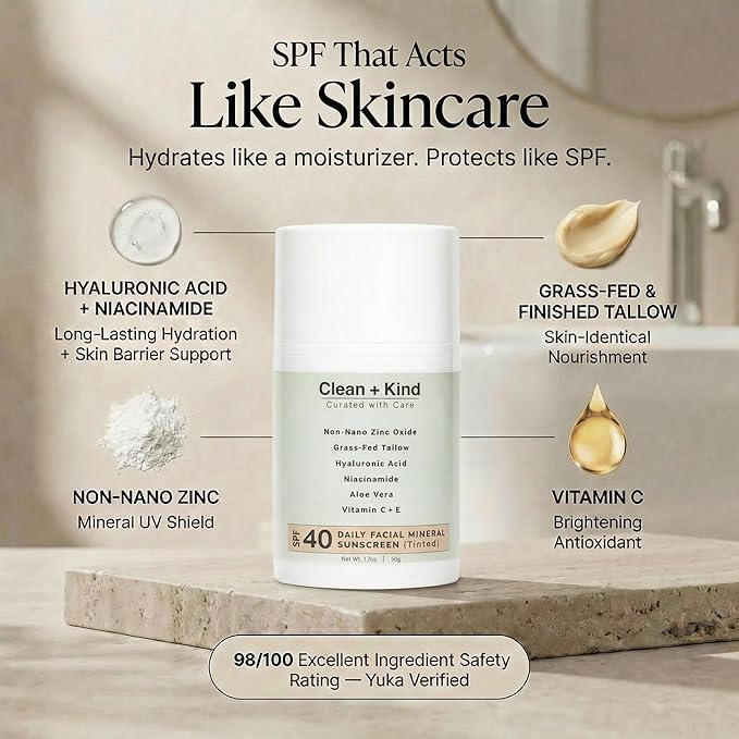 Daily Face Sunscreen SPF 40 Moisturizer with Tallow, Zinc Oxide, Hyaluronic Acid & Vitamin E – Mineral, Reef Safe Sunscreen for Hydration & UV Protection, (Tinted. 1.7 oz)