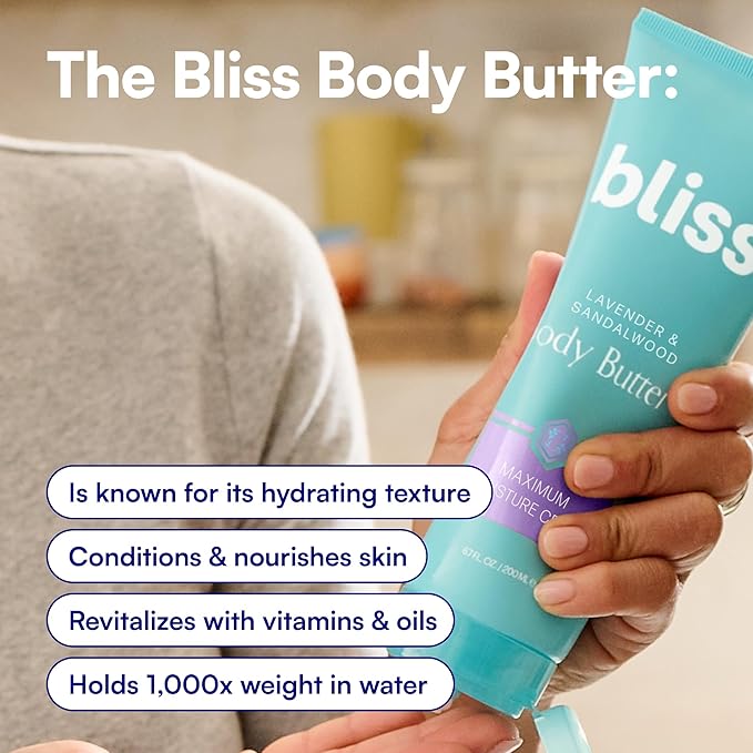 Bliss Body Butter - Lavender and Sandalwood - Maximum Moisture Cream - 6.7 Fl Oz - Body Lotion for Dry Skin - Long-Lasting Moisturizer for Women & Men - Vegan and Cruelty-Free