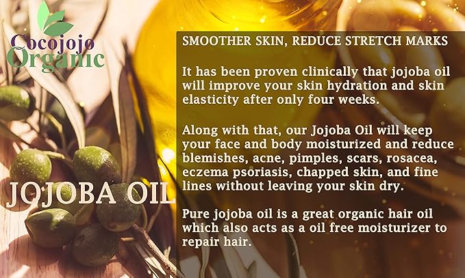 cocojojo Jojoba Oil Organic, Jojoba Oil for Hair Growth, Jojoba Oil for Skin, Jojoba Oil for Face, 100% Pure Natural, Cold Pressed, Deep Moisturizing Anti-Aging, Essential Oils - 4 Fl Oz