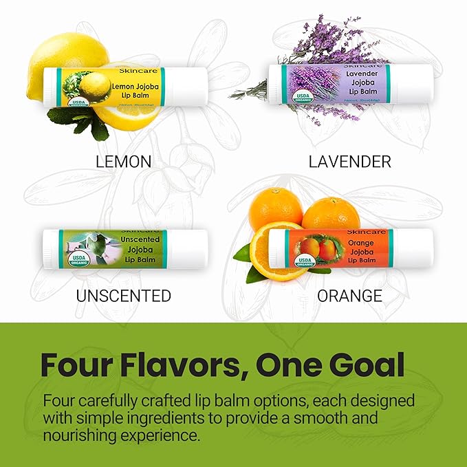 | USDA Organic Unscented Lip Balm – 70% Jojoba Oil with Beeswax – Fragrance-Free, Gentle Formula for Sensitive Lips – 2-Pack (0.15 oz / 4.6 g Each)