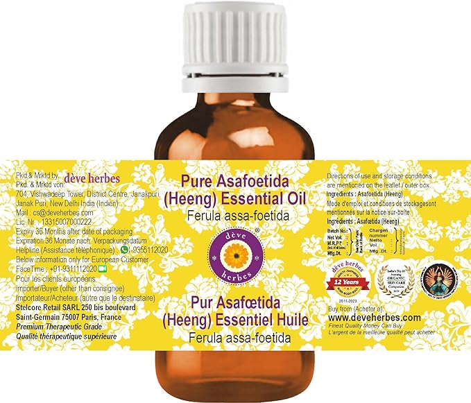 dève herbes Asafoetida (Heeng) Essential Oil (Ferula assa-foetida) Pure | Non-Sticky | Non-Greasy | Lightweight | Men & Women | All Skin Types | Steam Distilled 5ml (0.16 oz)