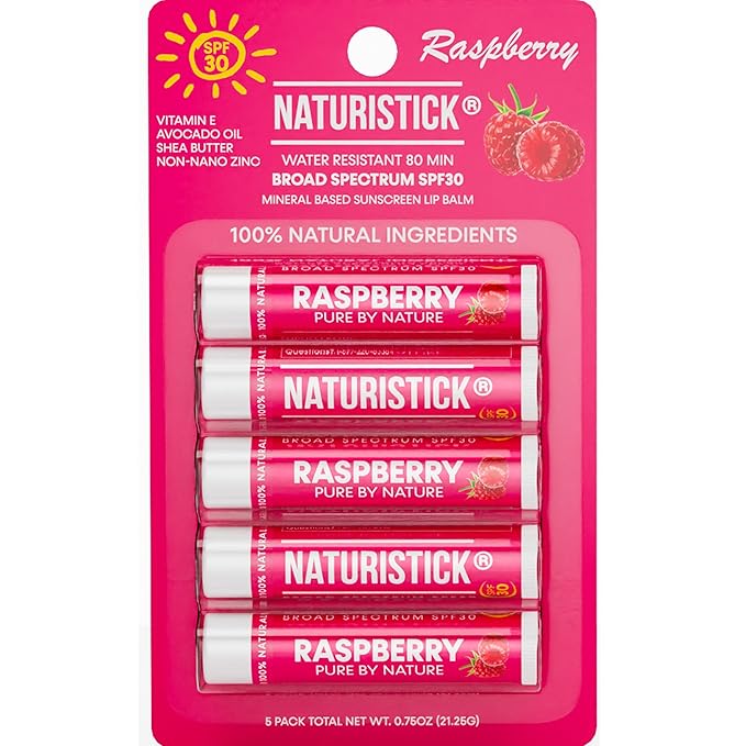 Naturistick UV Pro® Mineral SPF 30 Lip Balm – Raspberry (5-Pack), Broad Spectrum Sun Protection