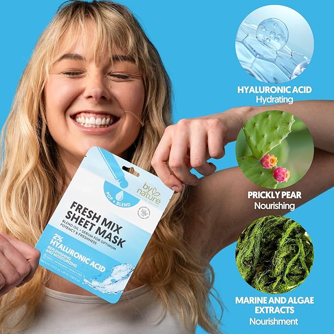 By Nature POP + BLEND Fresh Mix DIY 2% Hyaluronic Acid Sheet Mask – Hydrating Facial Treatment for Plumping & Revitalizing Skin with Aloe Vera, Prickly Pear & Marine Algae – Pack of 12