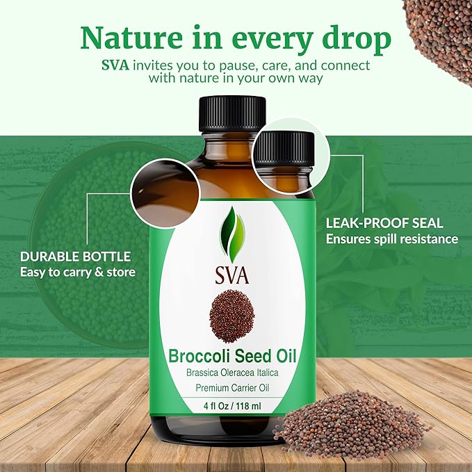 SVA Broccoli Seed Oil - 4 Fl Oz – 100% Natural Cold Pressed Broccoli Oil - for Face, Skin Care, Hair Care, Scalp Massage & Body Massage – Carrier Oil with Dropper