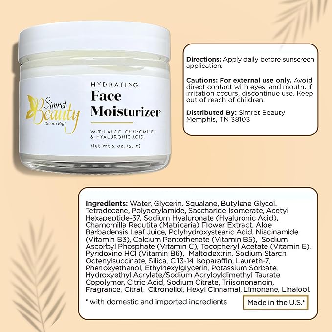 Hydrating Face Moisturizer - Daily Face Cream with Hyaluronic Acid, Vitamin E & C, Chamomile & Aloe for Oily, Acne-Prone, and Sensitive Skin - Vegan, Cruelty-Free, 2 oz