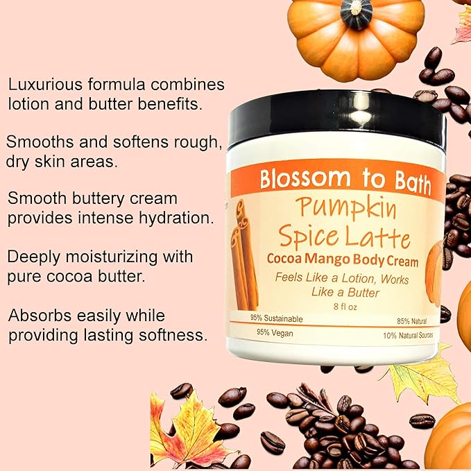 Blossom to Bath Pumpkin Spice Latte Cocoa Mango Body Cream (8 Ounce) - Phthalate Free Fragrance - Feels Like A Lotion And Works Like A Butter with a Warm Vanilla Spice Scent