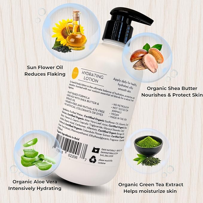 DANI Naturals Sandalwood Vanilla Hydrating Lotion, Vegan, Paraben-Free, Made with Organic Ingredients, 12 fl oz