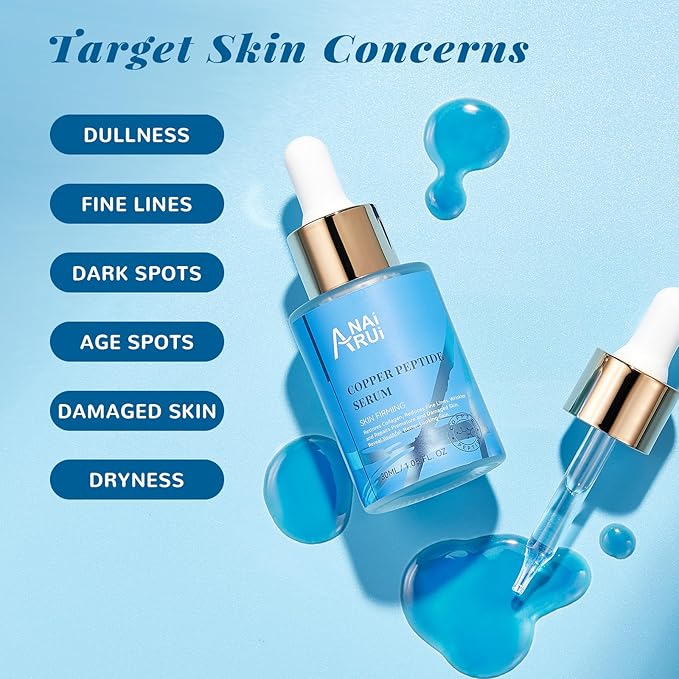 ANAI RUI Copper Peptides Serum for Face -Ghk-Cu Peptide Serum + Hyaluronic Acid - Reduces Fine Lines & Wrinkles, Plumping and Radiant Skin, 1.fl.Oz