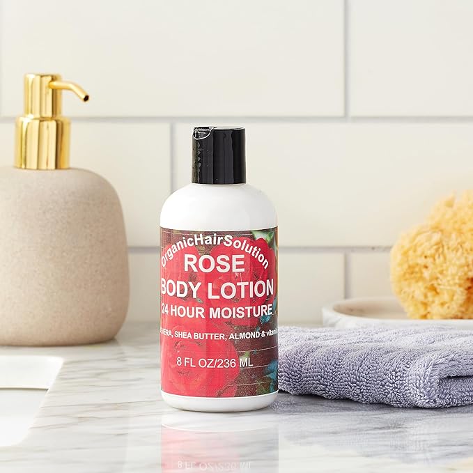 Organic Hair Solution-Body Lotion -Daily Moisturizing- with Soothing Aloe Vera and Vitamin E- Dry Skin, Non-Greasy-Shea Butter, Almond oil- For both Males & Females- Natural Fragrance-Vegan (Rose)