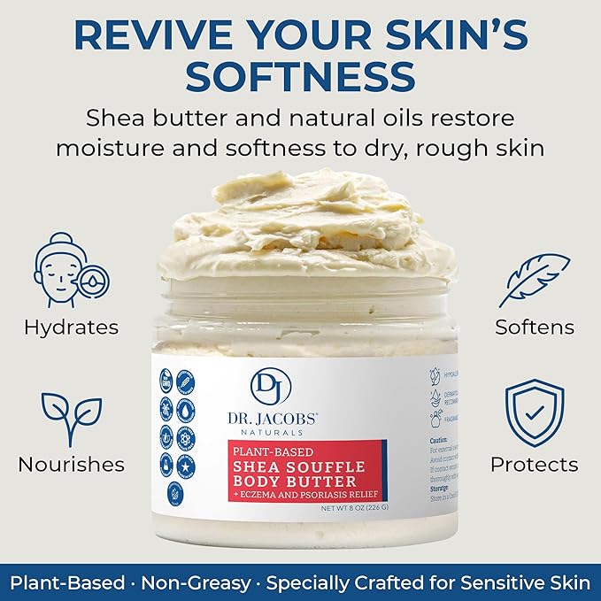 Dr. Jacobs Naturals Shea Soufflé Body Butter for Men and Women - Whipped Shea Butter for Skin Moisture and Softness Without Thick, Greasy Feel - Plant-Based Gentle Formula - Unscented