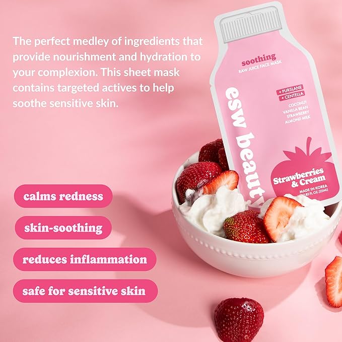 ESW Beauty Strawberries & Cream Sheet Mask - Raw Juice Hydrating Face Mask - Calming with Coconut, Vanilla Bean, Almond Milk & Strawberry for Sensitive Skin - Reduces Redness & Nourishes