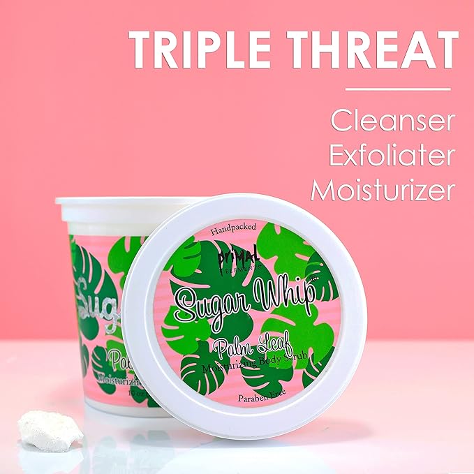 Primal Elements Sugar Whip Exfoliating Scrub, Body and Face Cleanser for Silky Smooth, Moisturize All Skin Types, Palm Leaf - 10 Ounce