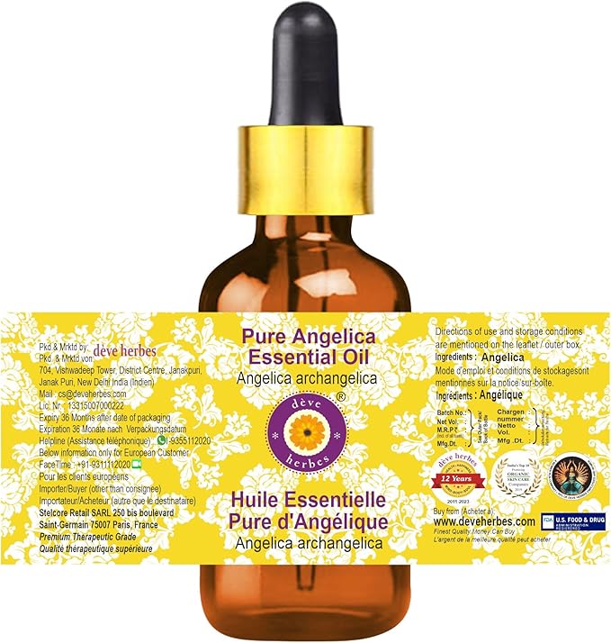 Deve Herbes Pure Angelica Essential Oil (Angelica archangelica) with Glass Dropper Natural Therapeutic Grade Steam Distilled 10ml (0.33 oz)