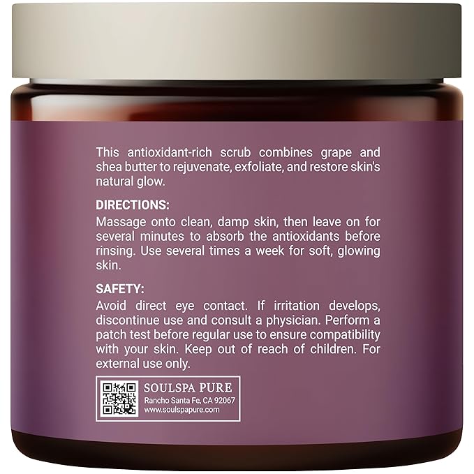 SOULSPA PURE Grape & Shea Butter Body & Foot Scrub - Rejuvenating & Antioxidant Rich Exfoliating Body Scrub for Glowing Skin, 10 oz