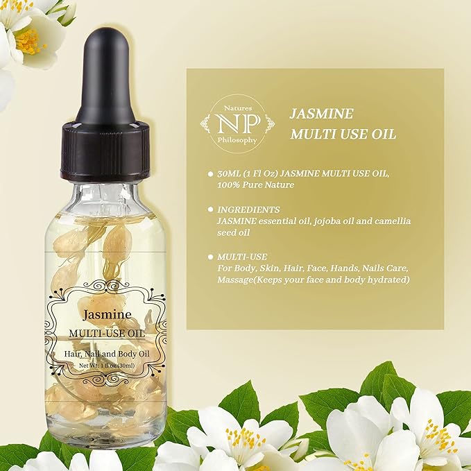 Jasmine Multi-Use Oil for Face, Body and Hair - Organic Plant Fragrant Essential Oil for Dry Skin, Scalp and Nails - 1 Fl Oz