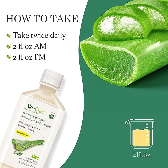 AloeCure USDA Organic Aloe Vera Juice Lemon Flavor - Made Within 12 Hours of Harvest - Natural Digestive Supplement for Balanced Stomach Acidity - Support Digestive and Immune Health, 2 Btls x 16.7oz